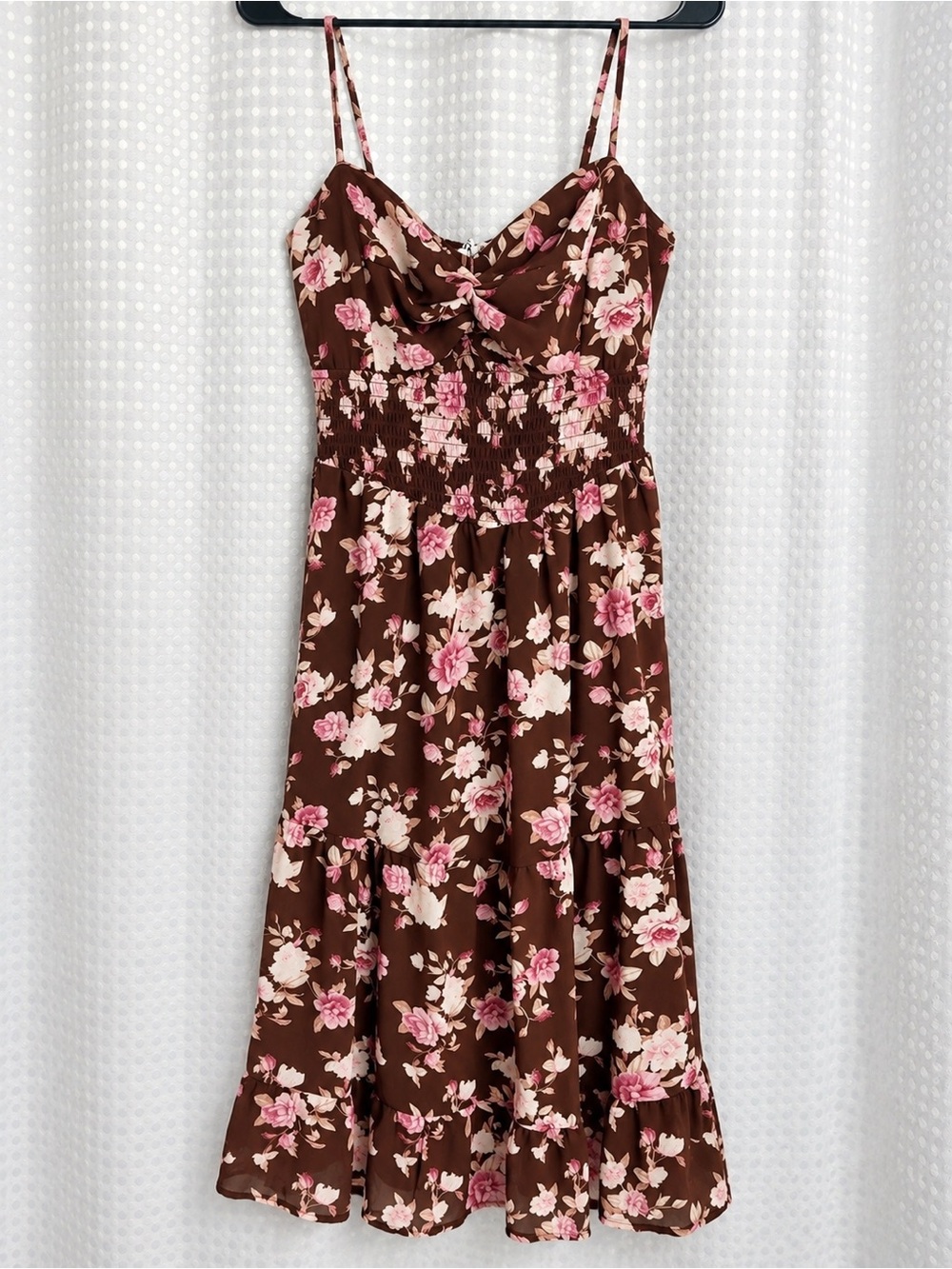 Trixxi Brown Midi Dress with Pink & Cream Floral Print